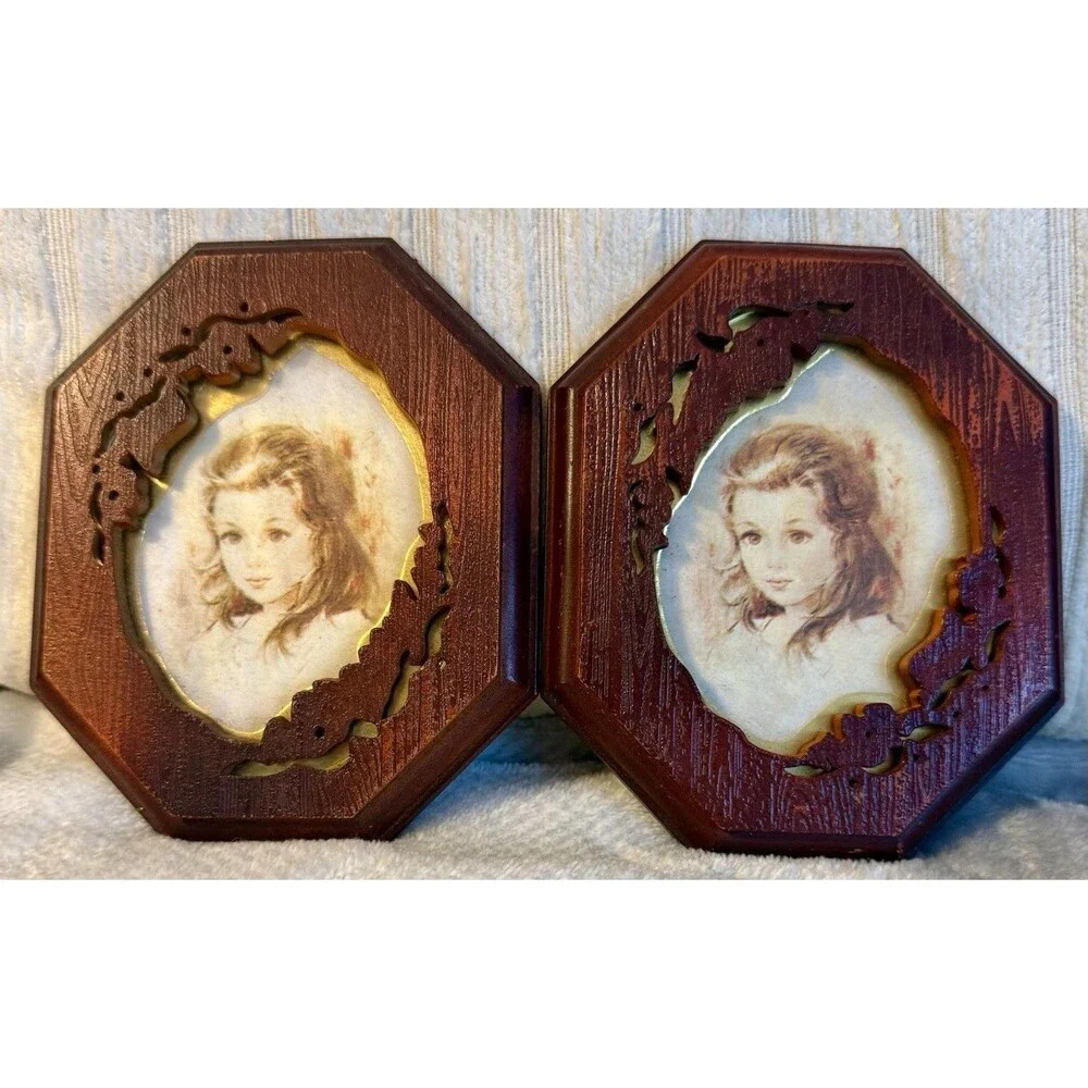 2 Ornate Octagon Faux Wood Picture Frame HL British Registered Design Vintage